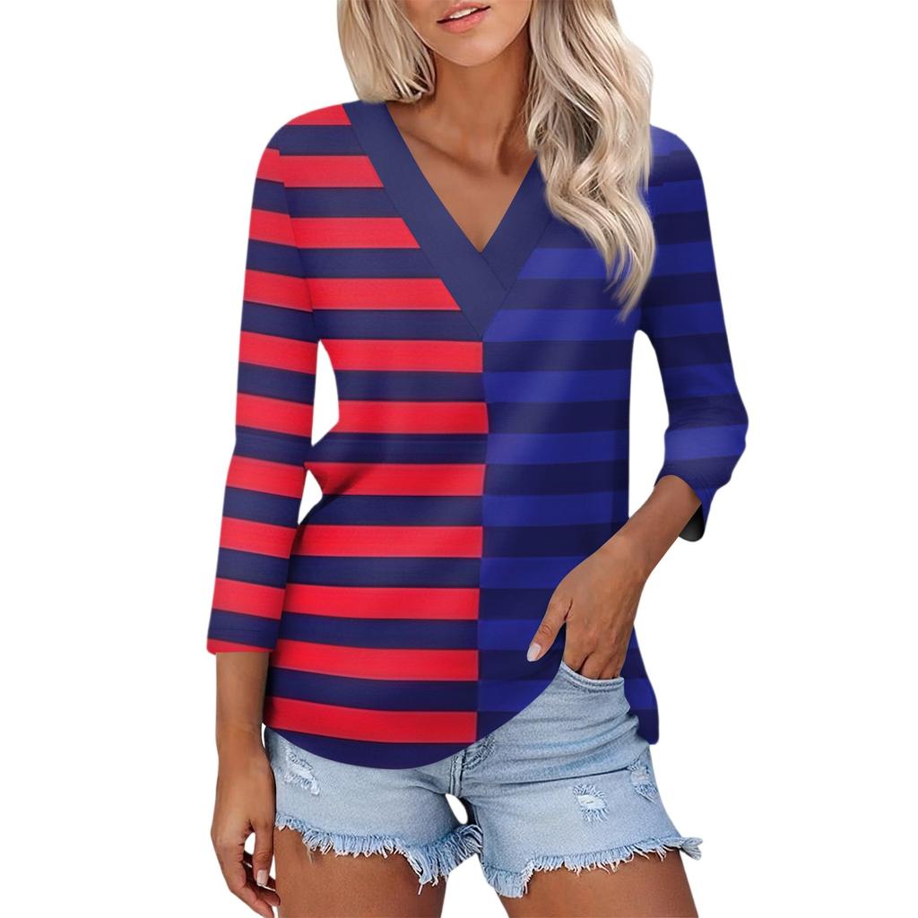 Women's Casual Fashion Sexy Comfortable V-neck Splicing Geometric Pattern Three-quarter Sleeve Top