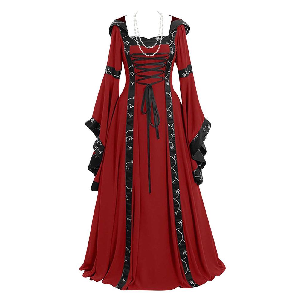 Damen Gothic Rüschen Glockenärmel Korsett Halloween Kostüm Übergröße Kleid Off Shoulder Grafikdruck Halskettenbesatz