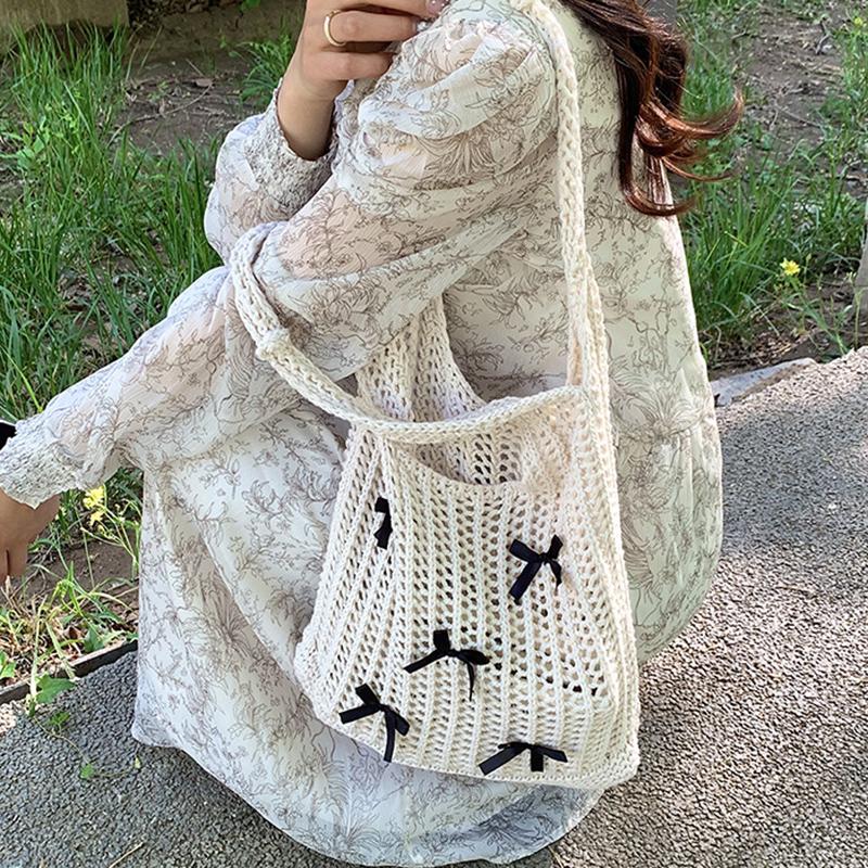 Yogodlns Bow Design Knitting Shopper Shopping Bag Female Shoulder Bags For Women Korean Fashion Soft Handbags Trend Travel Tote Bag