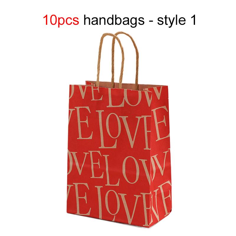 10pcs Kraft Paper Gift Bags with Handles Valentine Day Style Festival Supplies Wedding LOVE Print High-capacity Storage TMZ
