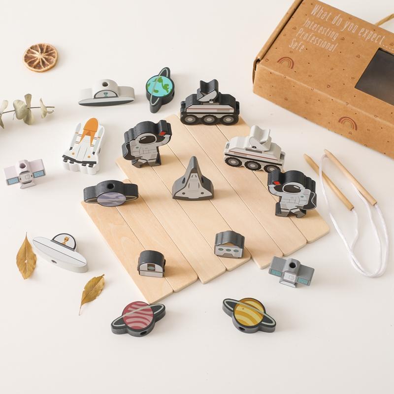 Children's Balance Ability Montessori Toy Wooden Astronaut Button Beaded Blocks Stacking Game Kids Educational Toy Gift with Box