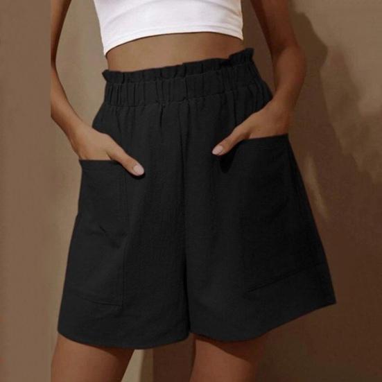 Women Shorts Elastic Knee Length Shirring Loose Side Pockets High Waist Straight Above Soft Solid
