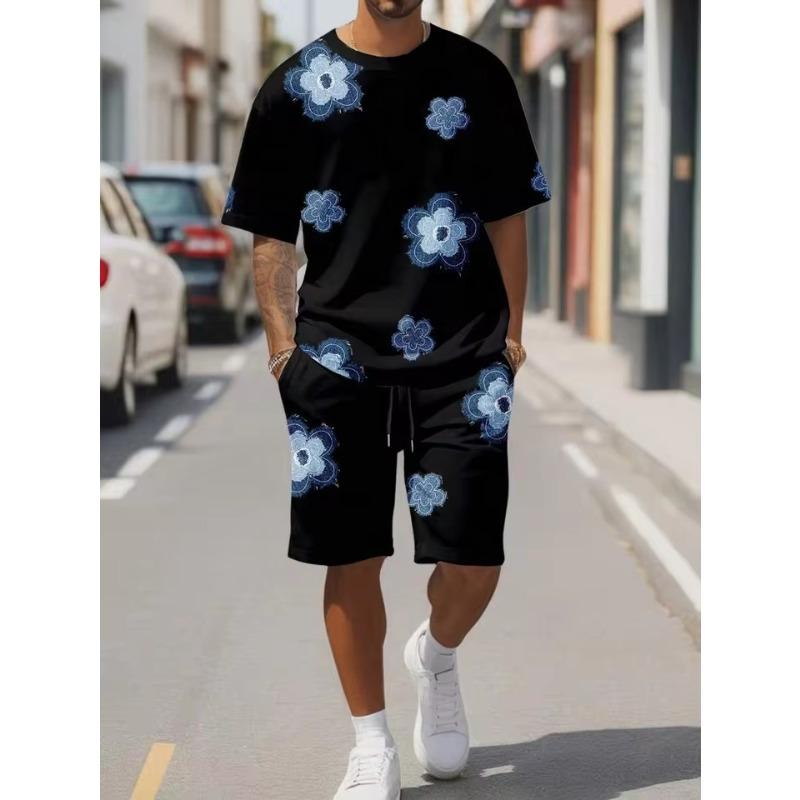 Men's Flower 3D Print Crew Neck Short Sleeve T-Shirt & Shorts Set Round Neck Gradient Short Sleeved Women's T-shirt Shorts Set
