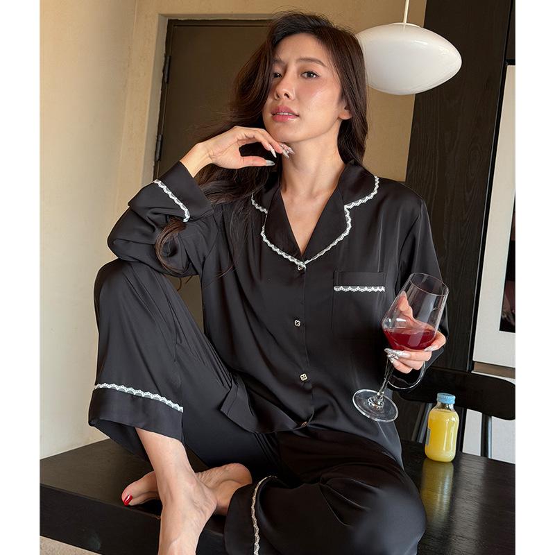 1011 pajamas women's new high-end lace simple long-sleeved pajamas lapel cardigan loungewear set
