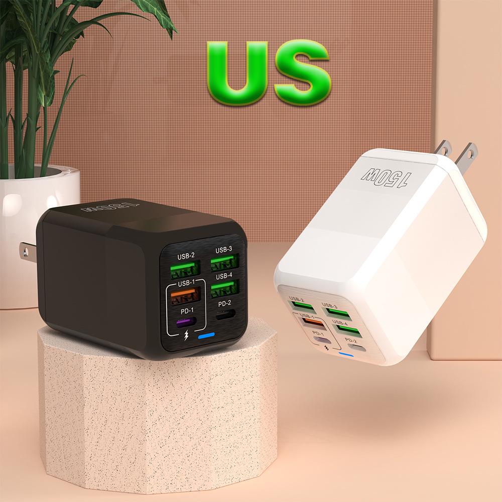 150W Multi-Port Charger: 4 USB + 2 PD, 5V/2.4A, EU/UK/US Compatible for Mobile Devices