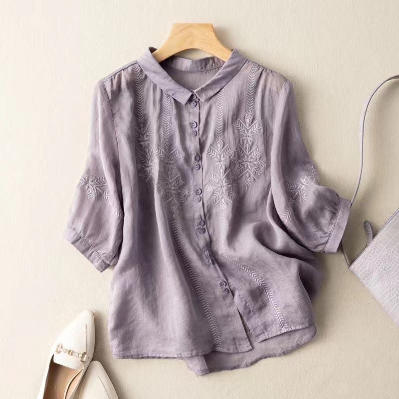 Export medium-sleeved cotton and linen shirt women's embroidery new thin cotton and linen top temperament loose and beautiful shirt women