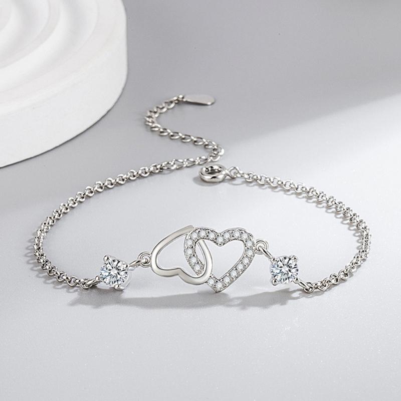 Zircon Double Heart Charm Bracelet Fashionable Party Accessories Jewelry for Sensitive Skin Versatile Women Accessory