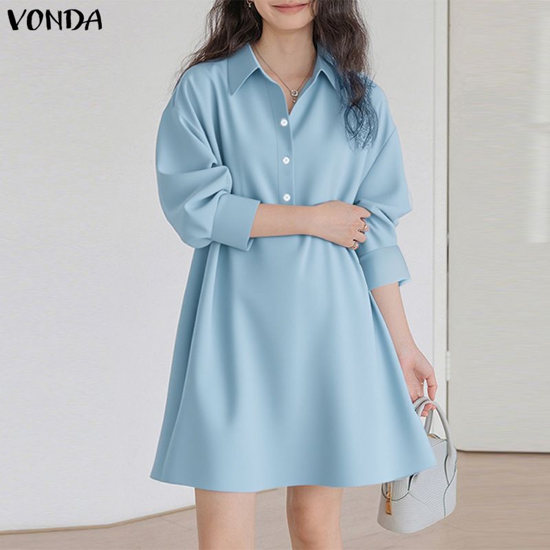 VONDA Damska Sukienka Mini z Klapami, Długim Rękawem, Zapinana na Guziki, Casualowa Tunika