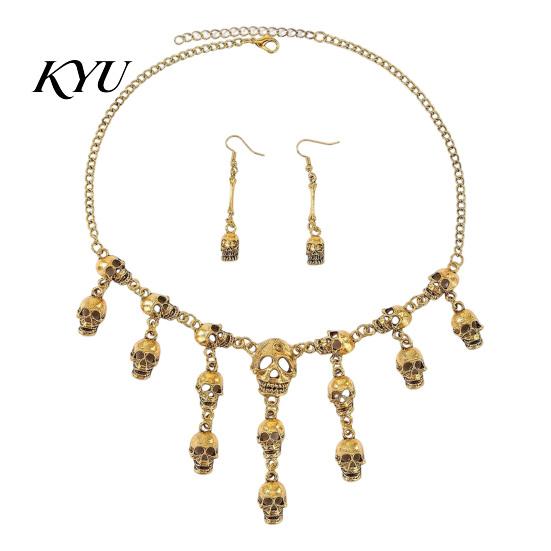 Dark Aesthetic Pendant Earrings Halloween Skull Jewelry Set for Women, Tassel Necklace & Dangle Earrings, Punk Gothic Accessories Costume Party Alloy