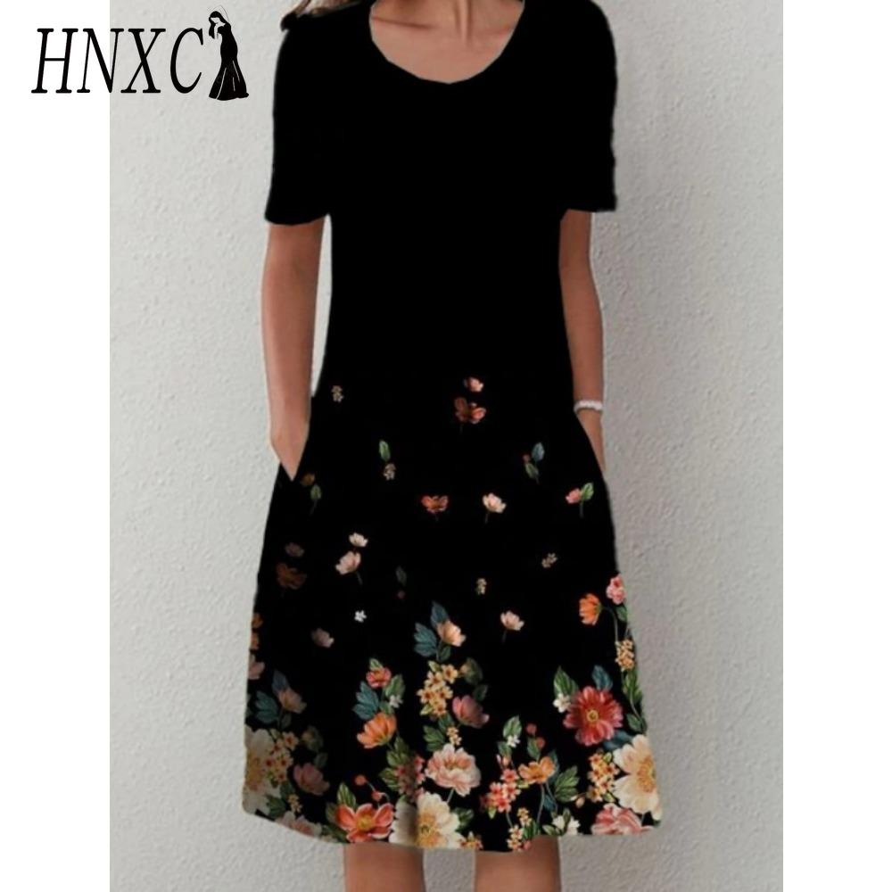 HNXC 30 Color Pleated Midi Dress Short Sleeve Round Neck Loose Hem Mid-Calf Length Women Floral A-Line Party Dress Casual Wear
