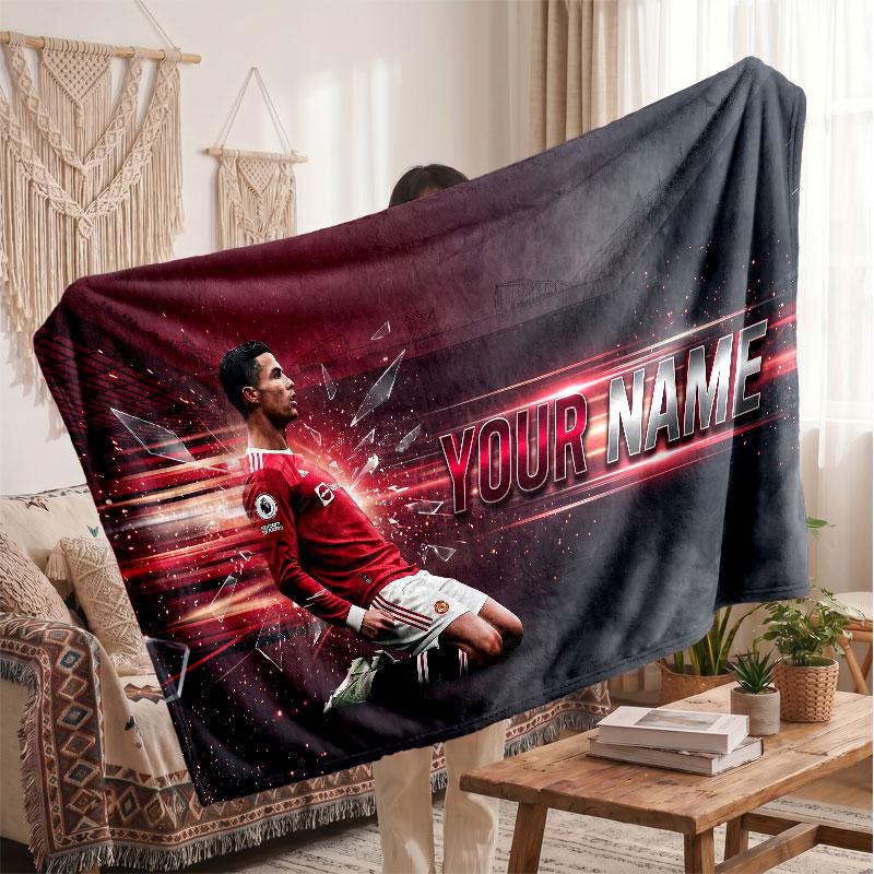 Cristiano Ronaldo Personalized Fleece Blanket With Football Logo, Custom Name Text Soft Warm Home Throw Blanket