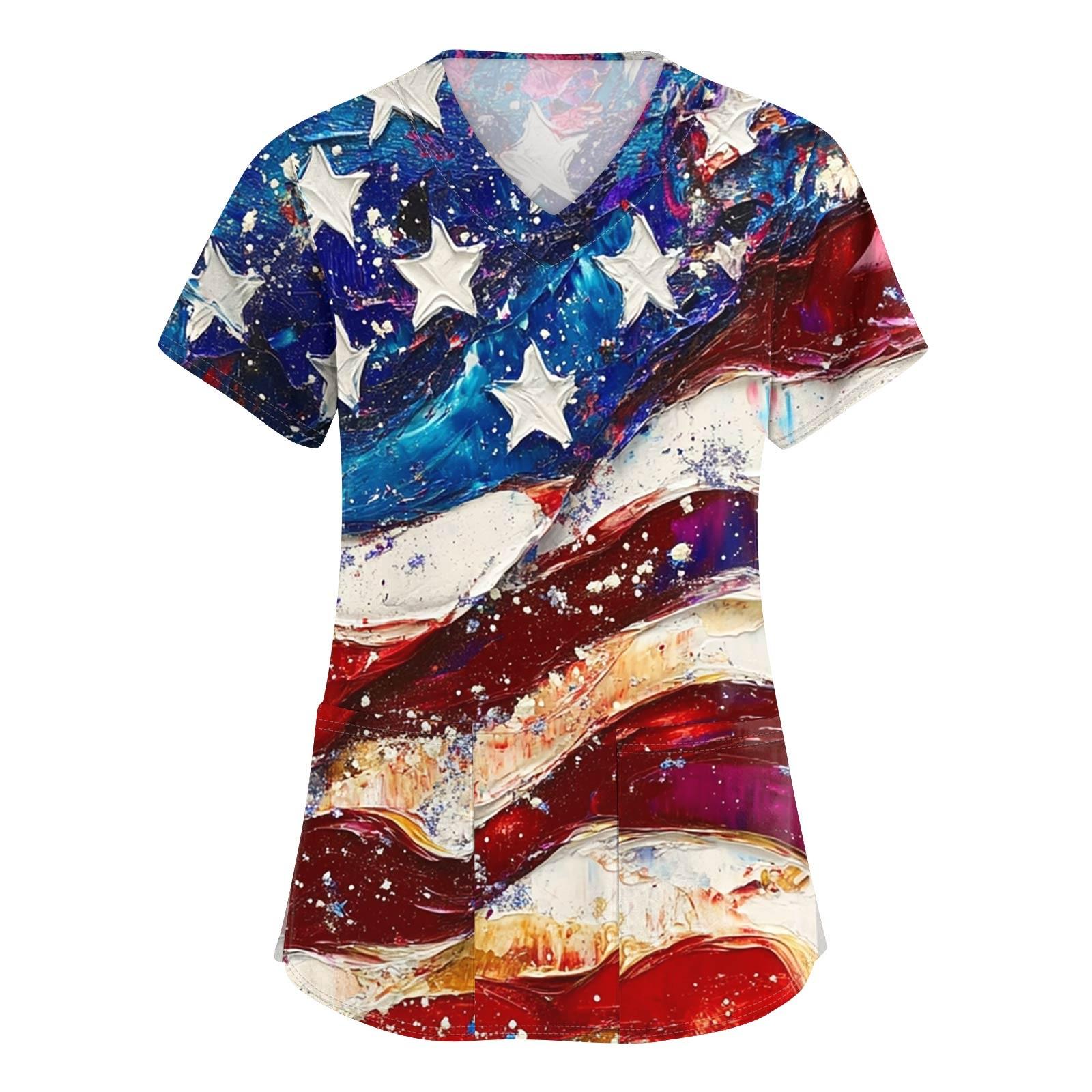 

Женский короткий рукав с принтом Дня независимости, V-образным вырезом, карманом и рабочим костюмом XXXXXL