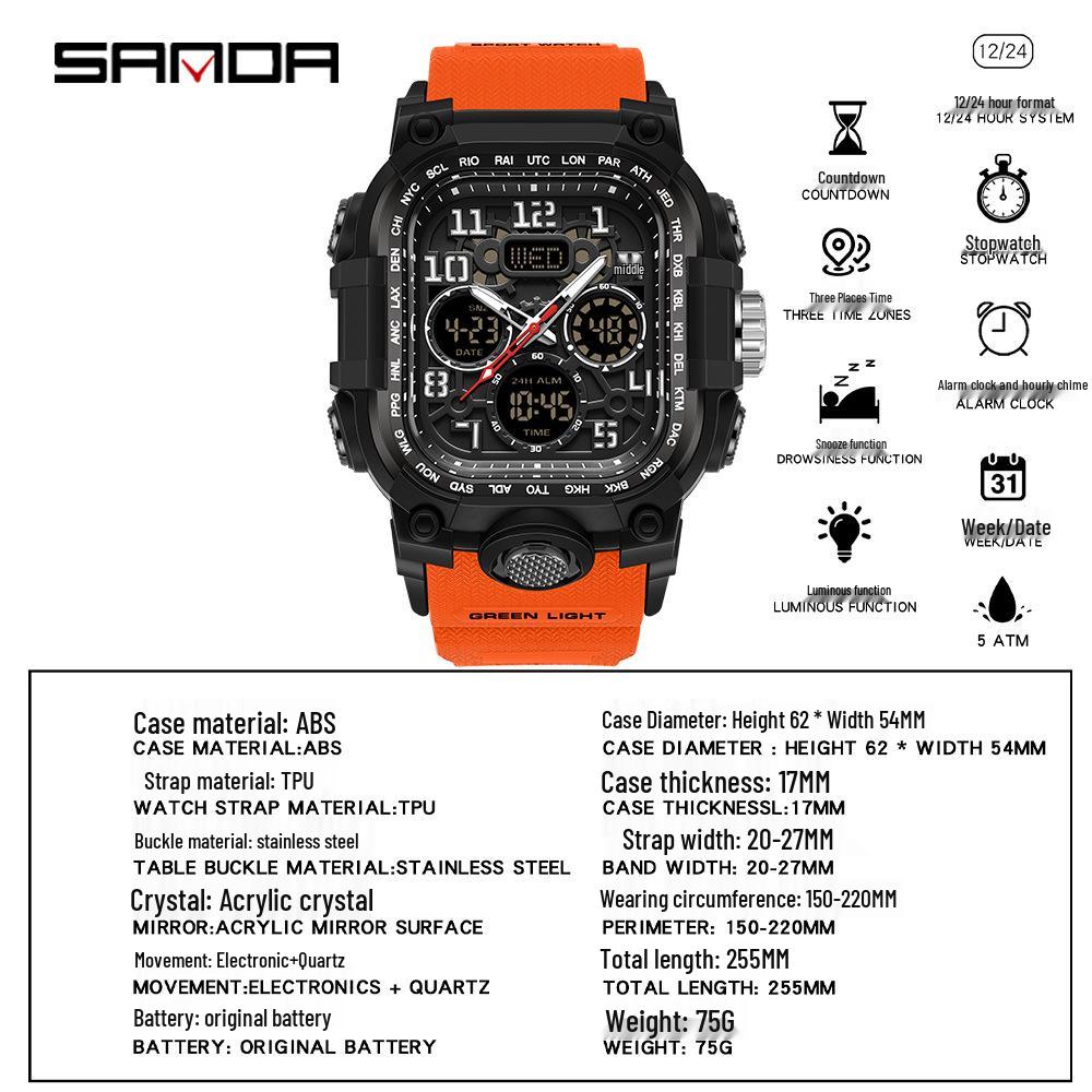 Sanda Men's Trendy Waterproof Multi-Functional Electronic Watches with Three-Time Zones for Casual Use