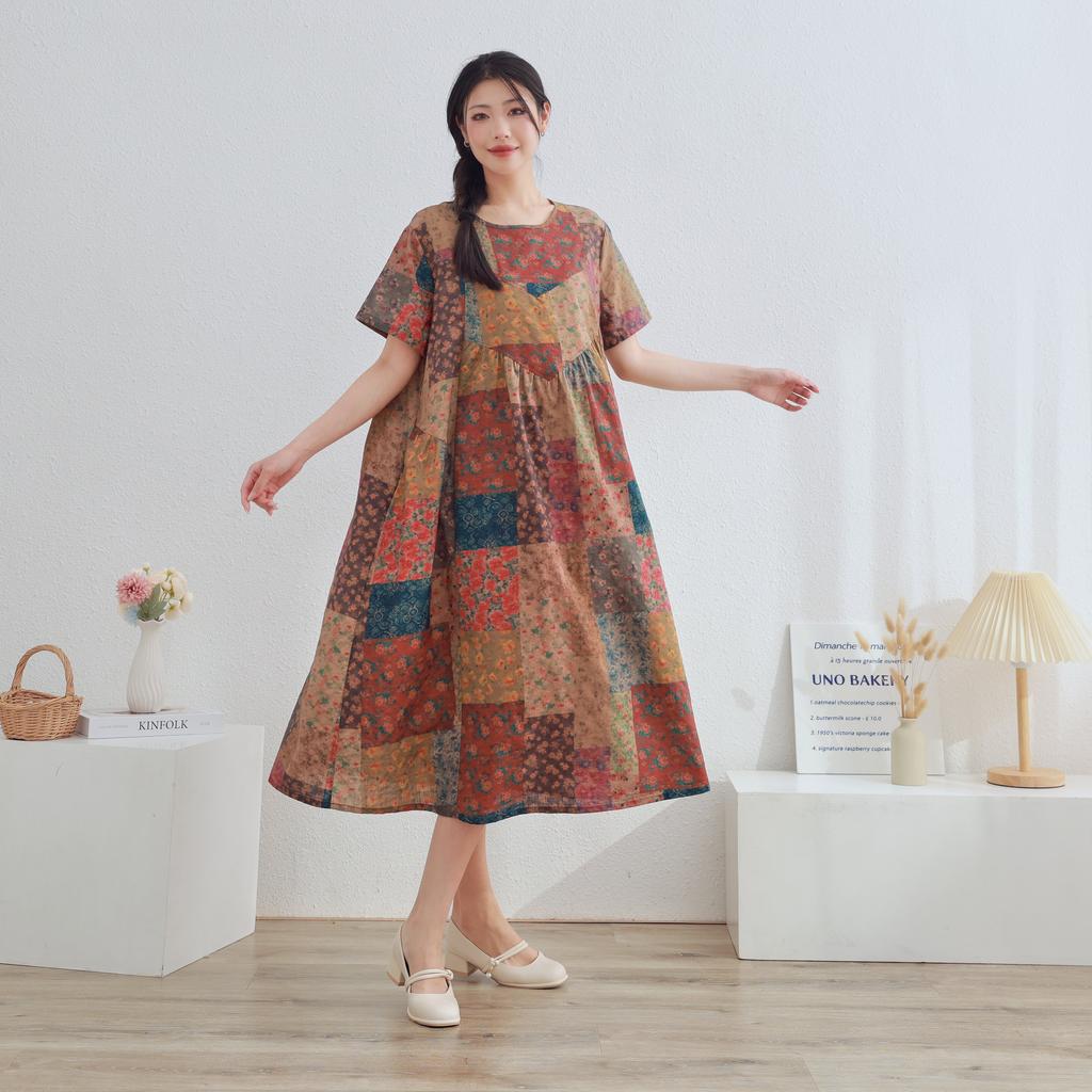 DIMANAF 2025 Women Plus Size Summer Dress Casual Floral Dress Basic Vintage Loose Long Dress Maxi