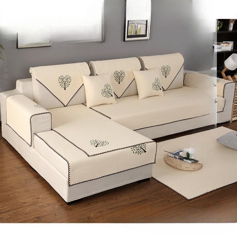 Four Seasons Non-Slip Embroidered Sofa Cushion Cotton Linen Fabric Living Room Universal Linen Thickened Modern Minimalist Solid Color Sofa Towel