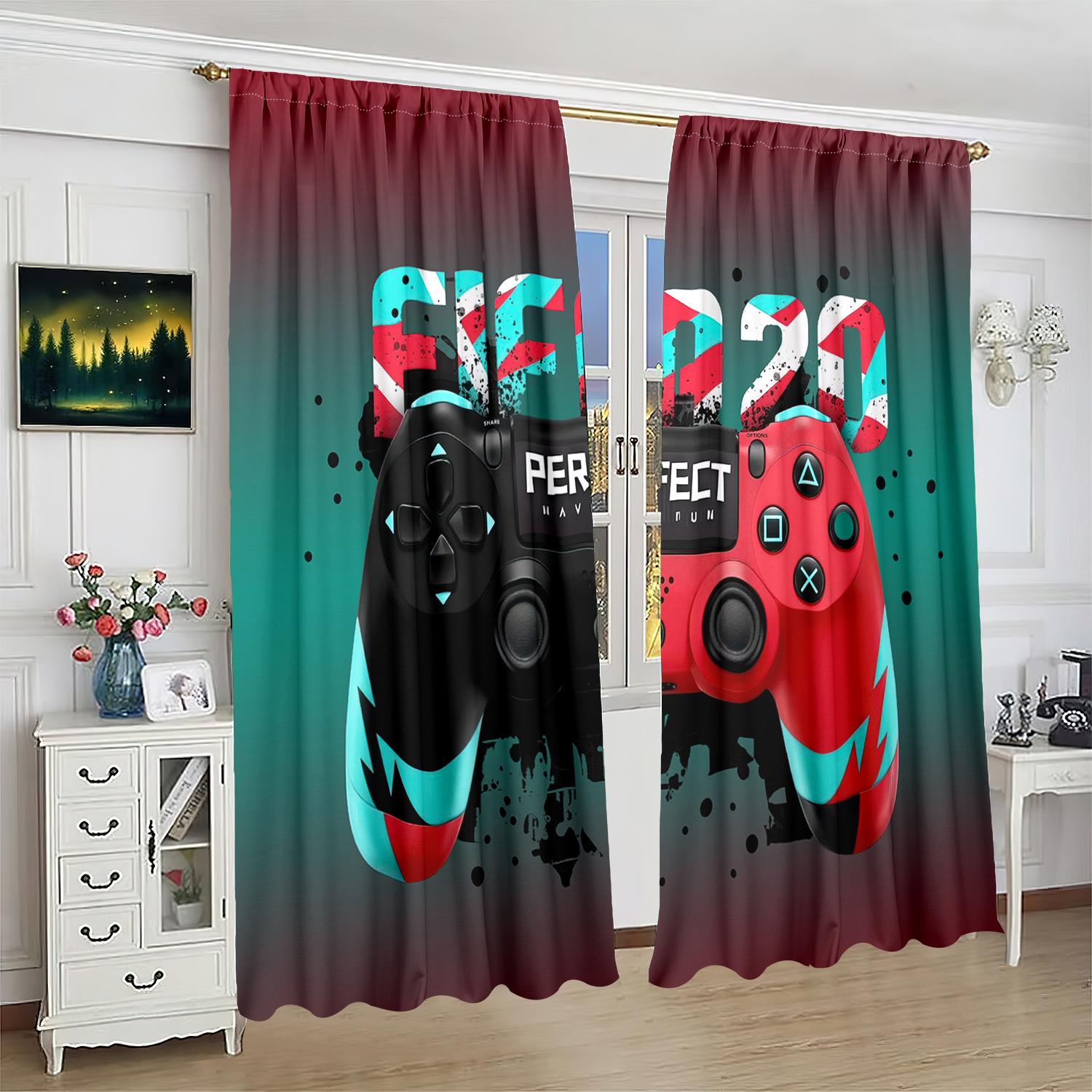 

Штора из 2 частей с принтом геймпада - материал полиэстер - подходит для спальни, гостиной, кабинета, занавески, закрывающей приватность 30inchx65inchx2Pcs