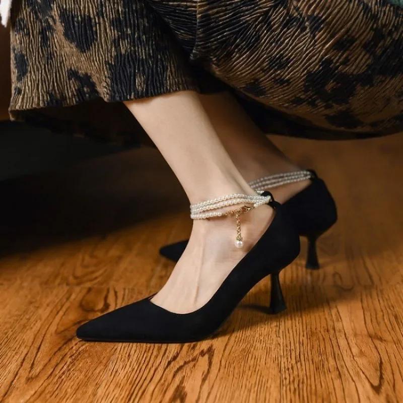 Fashion French Retro High Heels Shoes Spring/Autumn New Pointed Thin Heels Pearl Slip-On Design Pumps Office & Career Work Shoe