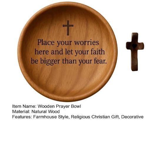 Yousheng Wooden Prayer Bowl Farmhouse Rustic Handcrafted Bible Verses Faith Bowl Round Decorative Scripture Blessing Bowl Religious Christian Gift