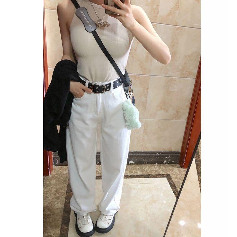White velvet thickened jeans for women, winter new high-waisted loose straight and thin versatile floor pants