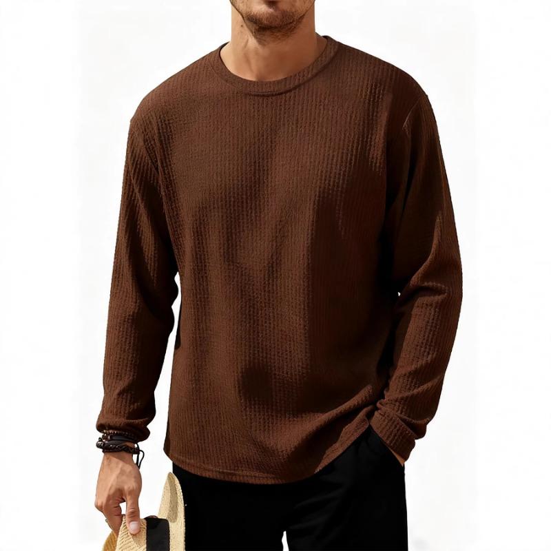 Men Waffle Knit Long Sleeve Crew Neck Casual T-Shirt