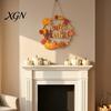 Indoor Outdoor Seasonal Decoration Autumn Harvest Wooden Wreath Pendant, Front Door Hanging Ornaments with Hemp Rope, Natural Wood Sign Pumpkins Maple