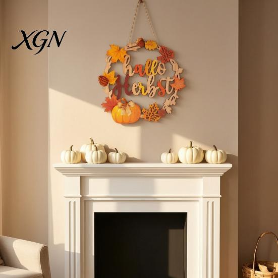 Indoor Outdoor Seasonal Decoration Autumn Harvest Wooden Wreath Pendant, Front Door Hanging Ornaments with Hemp Rope, Natural Wood Sign Pumpkins Maple