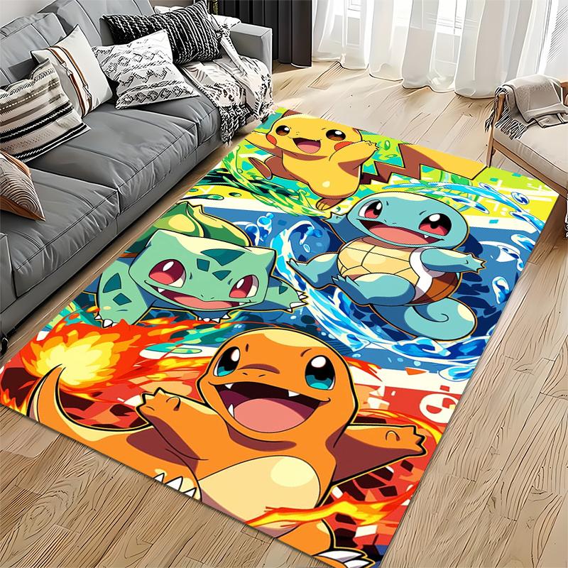 Area Rug, Pokemon Pikachu Squirtle Charmander Bulbasaur Starters Colorful Anime Print, Playroom Decor, Non-Slip Mat