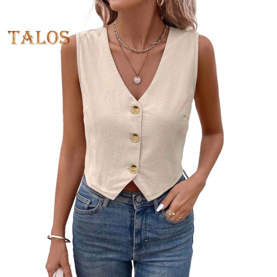 

Женский жилет без рукавов с V-образным вырезом и пуговицами, укороченный топ, летняя выходная жилетка, повседневная деловая рубашка S абрикосовый