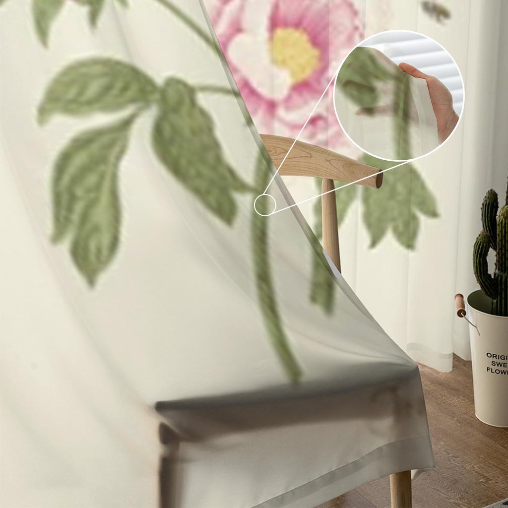 Vintage Peonies Sheer Curtains Transparent Voile Tulle Drapes For Living Room Bedroom Window Floral Home Decor