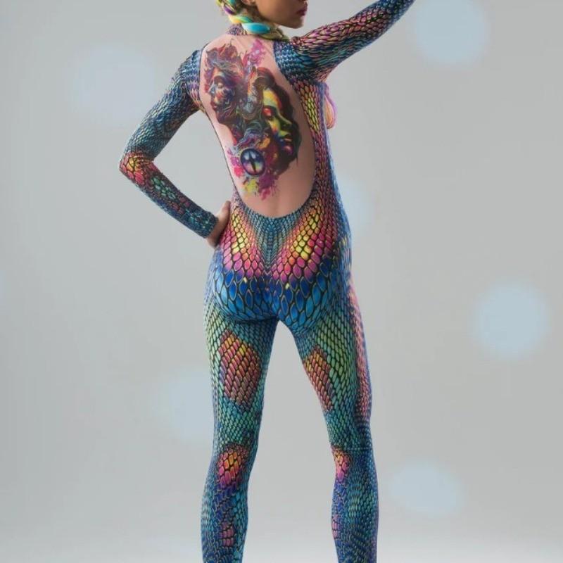 Unisex 3D Digital Colorful Snake Leopard Pattern Animal Printing Outfit Adults Halloween Party Role Play Cosplay Costume Carnival Jumpsuit