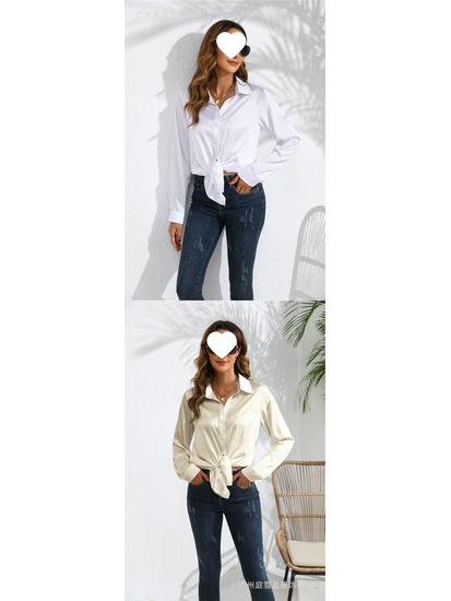 European & American Women's Long Sleeve Satin-Cotton Shirt - Solid Color, Spring & Autumn Bestseller