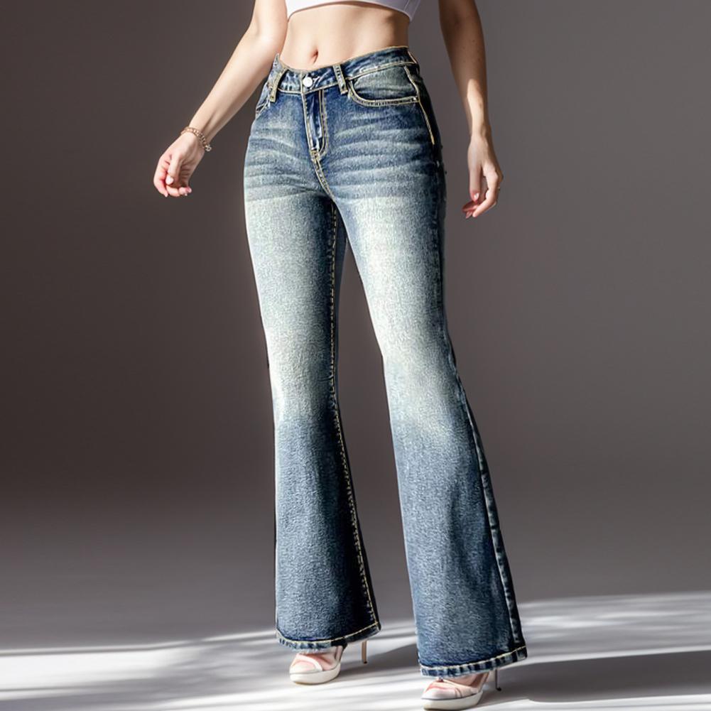 Damen Jeans mit hohem Bund, Farbverlauf, Retro-Taschen, schmale Passform, volle Länge, farbecht, ausgestellter Saum, Reißverschluss, Knopfverschluss, Lady Long Tr