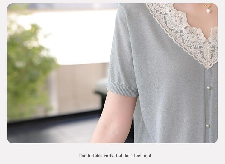 Elegant Ice Silk V-Neck Lace T-Shirt for Middle-Aged Women - Summer 2026 Style