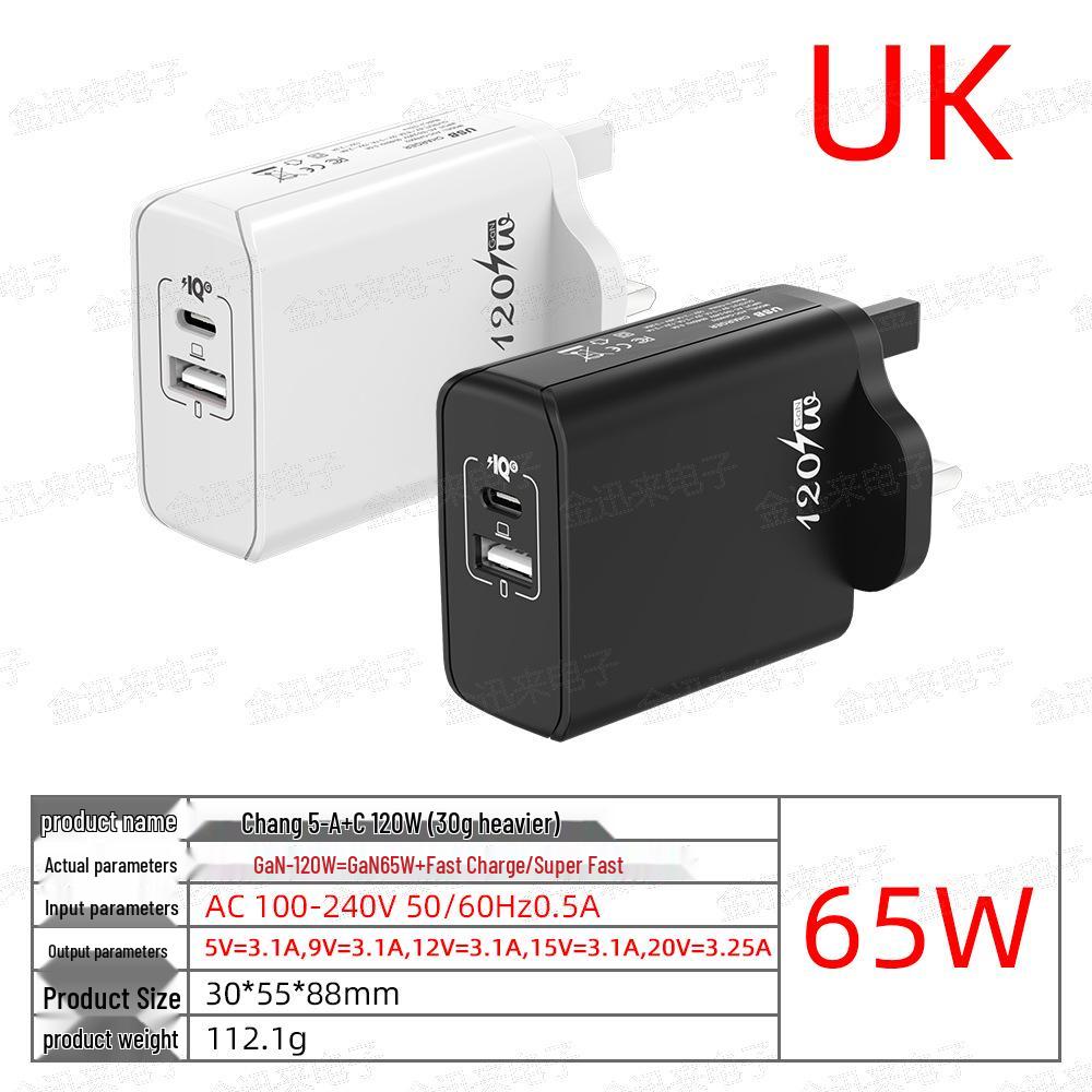 120W GaN Charger with A+C Ports, 65W Output, EU/US/UK Plug for Mobile Devices