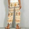 Women Plus Size White Green Floral Printed Loose Cropped Pants Cross Hem With Pockets
