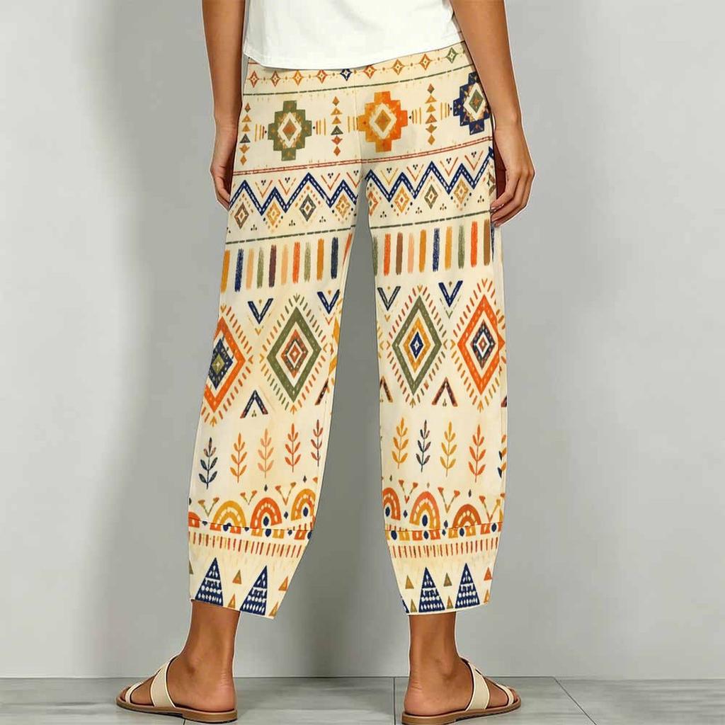 Women Plus Size White Green Floral Printed Loose Cropped Pants Cross Hem With Pockets