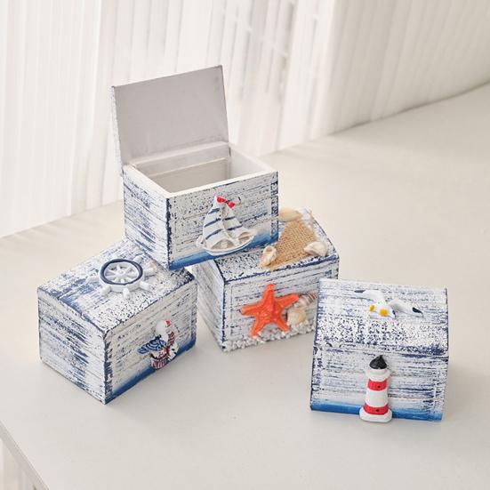 Yousheng Coastal Wooden Trinket Box Handcrafted Nautical Jewelry Box with Starfish Shells Rustic Decorative Storage Box for Beach Home Decor