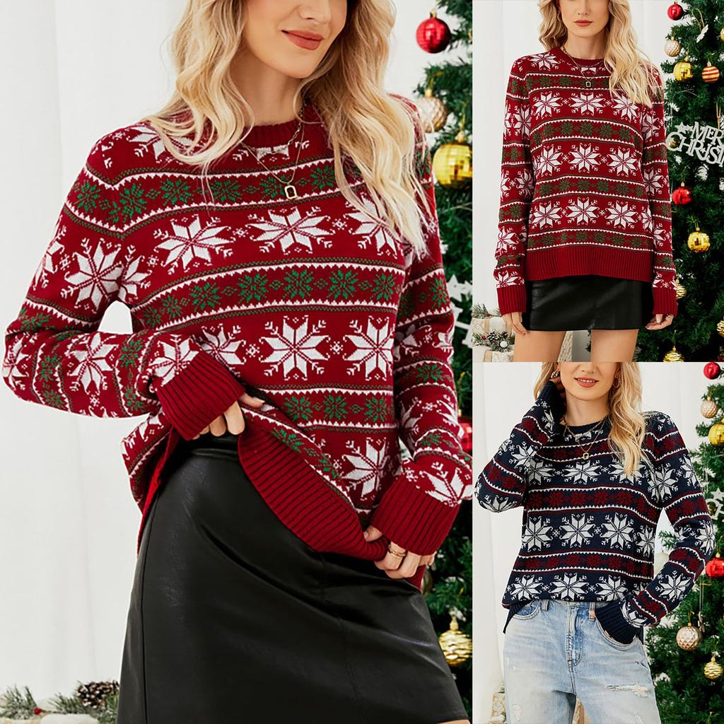 Women's Fashion Round Neck Red Long Sleeved Snowflake Christmas Sweater