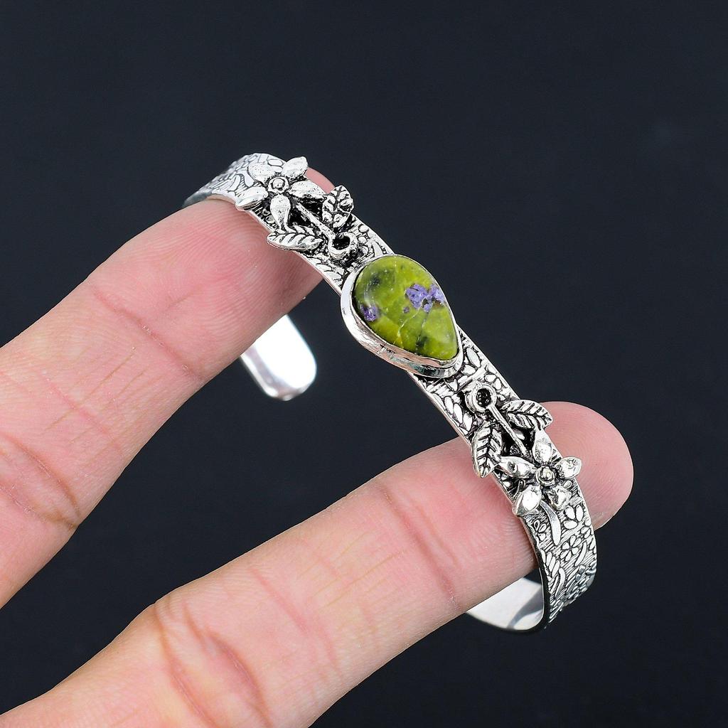 Sterling Silver Pear Atlantisite Stone Artisan Engagement Flower Bangle Bracelet