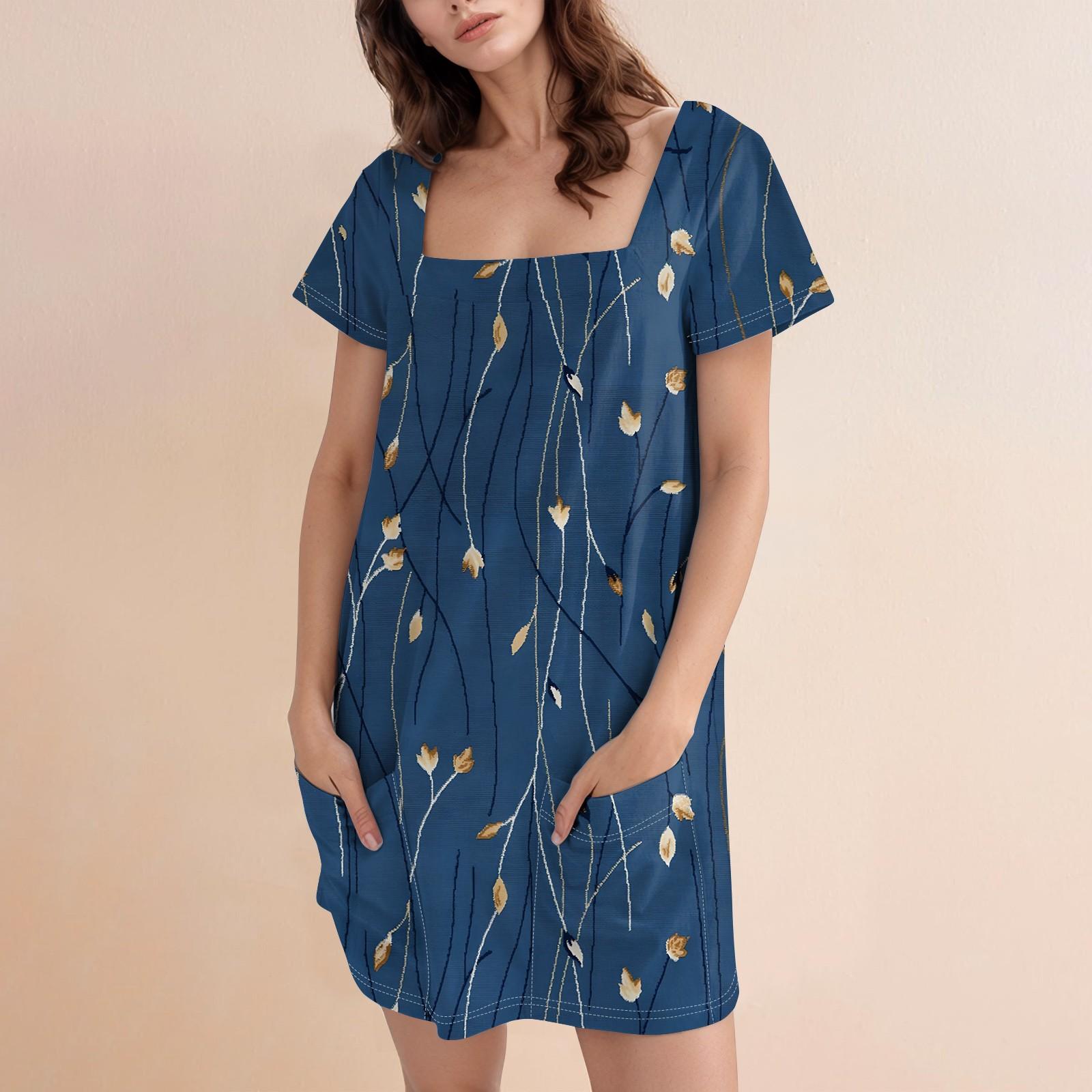 

Женская модная юбка с квадратным воротником и коротким рукавом, повседневное платье с цветочным принтом и карманом XL