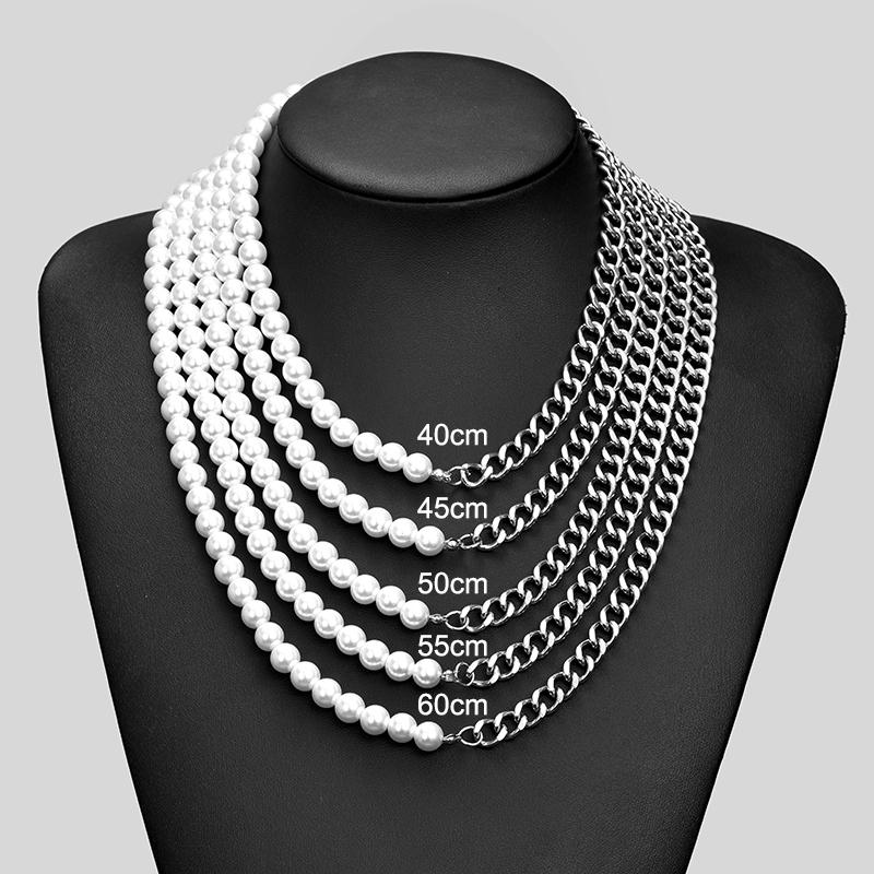 

New Stainless Steel Cuban Curb Link Chain Pearl Choker Necklace For Women Men Punk Hip-hop 8mm White Beaded Copper Color Zircon 40cm