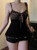 European & American Sexy Leopard Print Color Block A-Line Lace Tie-Up Camisole