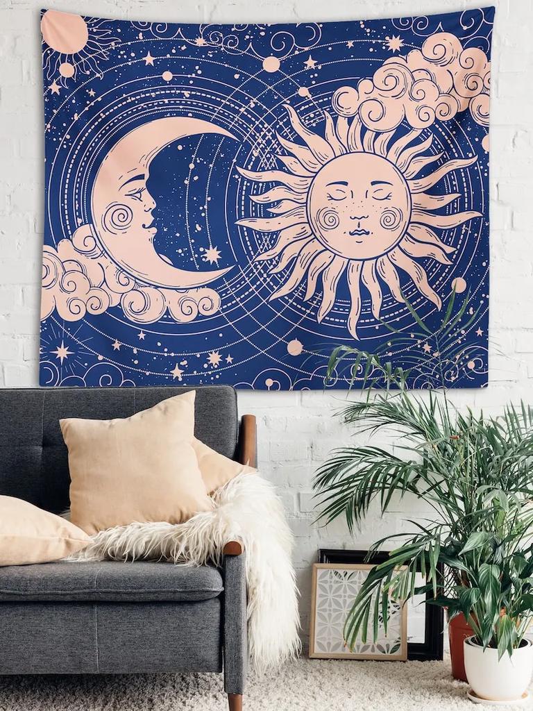 Sun  Moon Tapestry  Blue Celestial Sky Wall Hanging Bohemian Yoga  Meditation Decor Mystical Boho Style for Dorm or Home