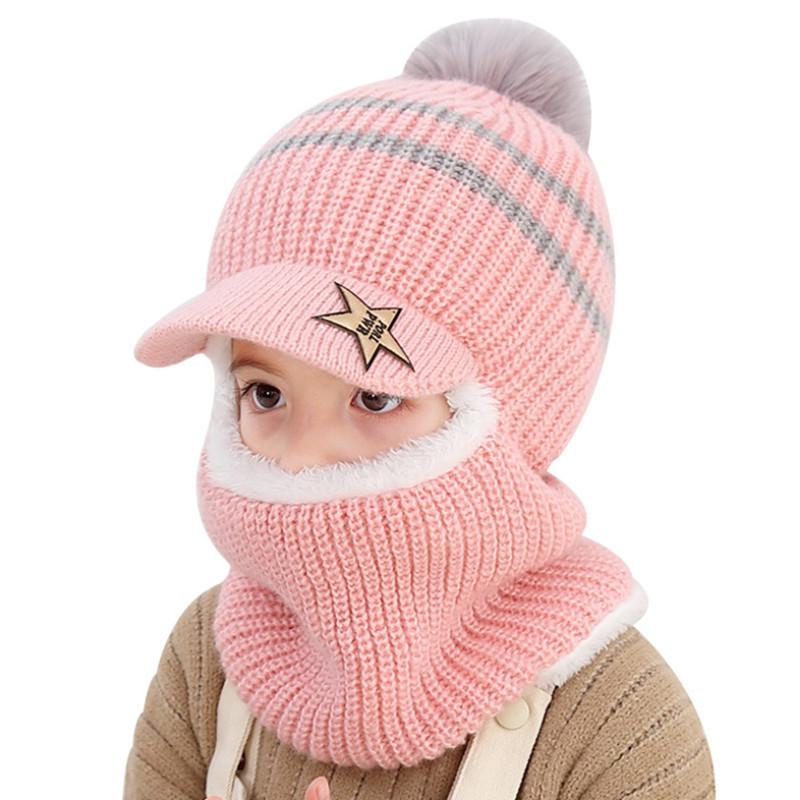 Kids' Winter Wool Hat with Velvet Lining & Duckbill Cap: Face Protection and Scarf Combo