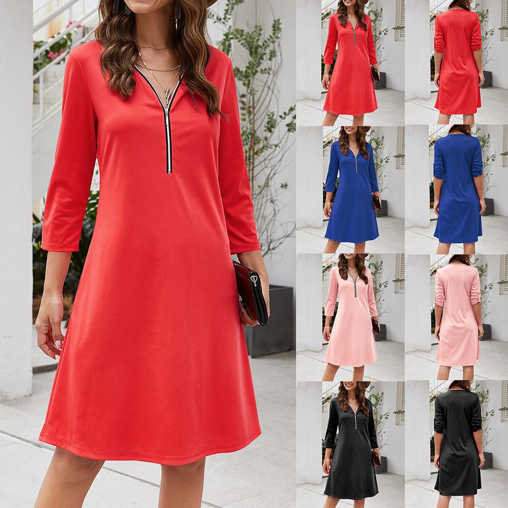 

Женщины Мода Сплошной цвет Принт Молния Свободный длинный рукав Платье