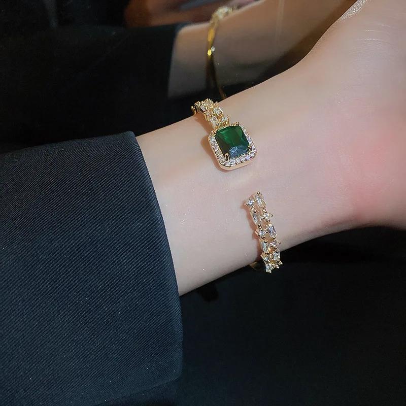 Square Zircon Adjustable Bangles for Women Light Luxury Temperament Cuff Bracelets Personality Emerald Hand Zircon Wholesale