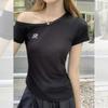 Korean black letter embroidered slanted shoulder short-sleeved t-shirt women's summer new slim-fitting and thin top