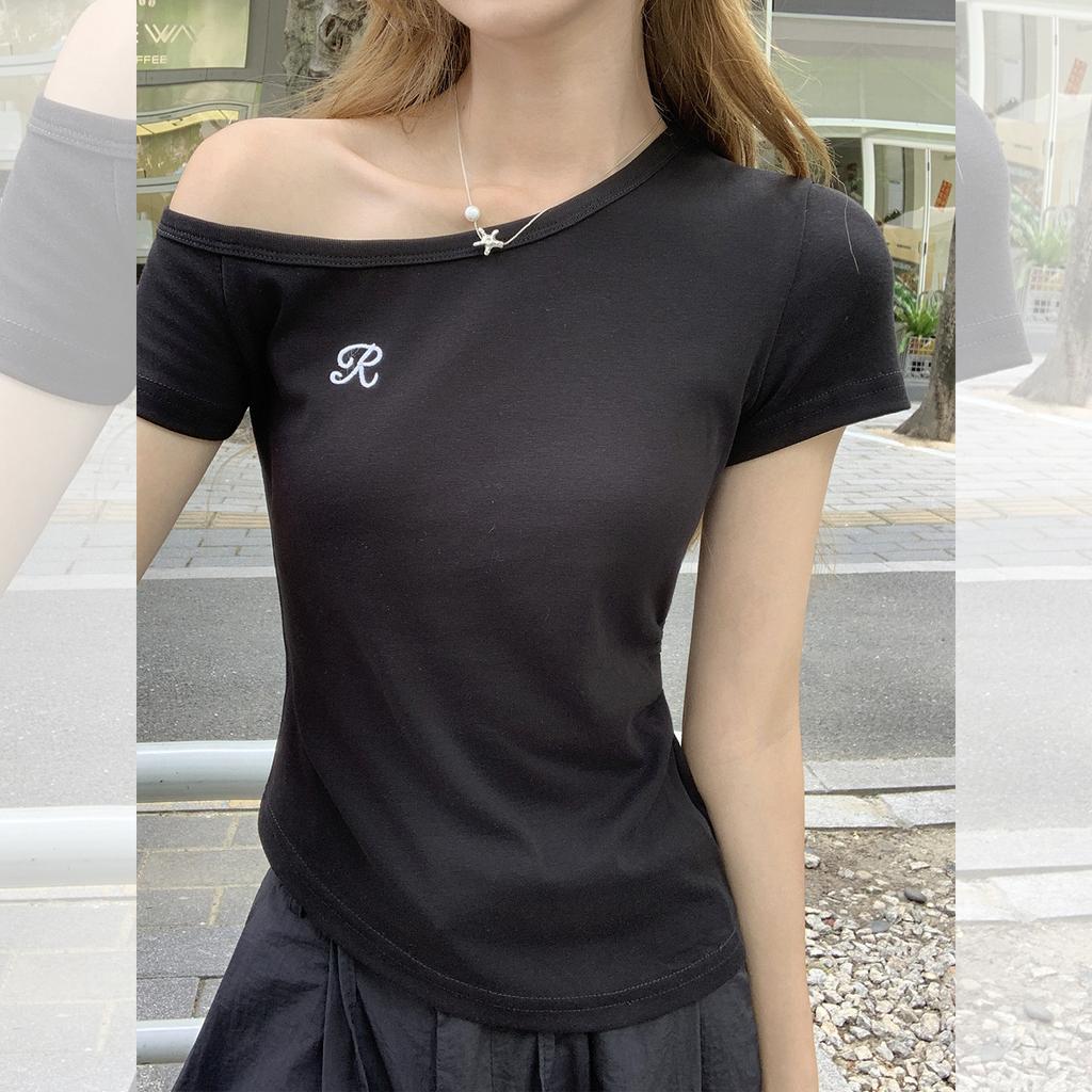 Korean black letter embroidered slanted shoulder short-sleeved t-shirt women's summer new slim-fitting and thin top