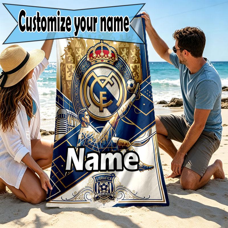 Custom Name Personalized Real Madrid Football Print Beach Towel, for Trip Camping Beach Party Home Decor, Birthday Gift for Family & Friends