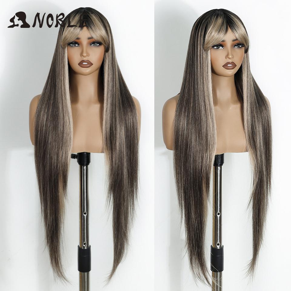 Noble Synthetic Wig With Bangs Long 36 Inch Straight White Wig Ombre Blond Wig Colored Wig Wig For Women Cosplay Wig For Women